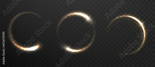 Gold light circle with with glittering dust and shimmery particles. Realistic shiny ring or swirl, round frame of flare trail with isolated. Christmas shooting star trail.