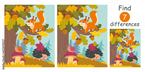 Find differences, education game for children. Cute cartoon squirrel on oak tree with acorns.  Autumn forest with animals, squirrel and hedgehog, mushrooms, acorns flat vector illustration.