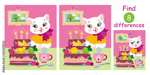 Find differences, education game for children. Cute cartoon cat with big birthday cake, candles, fruit, cup. Birthday flat vector illustration.