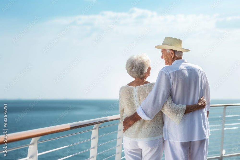 International Day Of Older Persons. elderly couple on board a ship. space for text