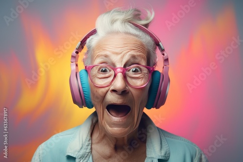 Old woman listen music. Generate Ai