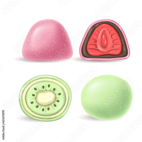 3d realistic Japanese dessert green and pink Daifuku Mochi with kiwi and strawberries. a whole and half a cake in rice dough. Asian national .