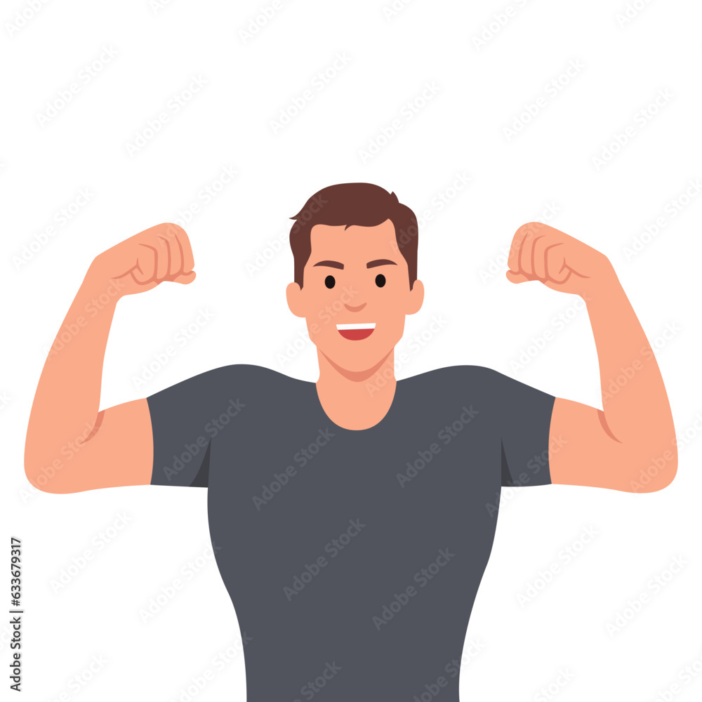 Attractive young muscular man flexing biceps and smiling happy. Flat vector illustration isolated on white background Attractive young muscular man flexing biceps and smiling happy. Flat vector illustration isolated on white background