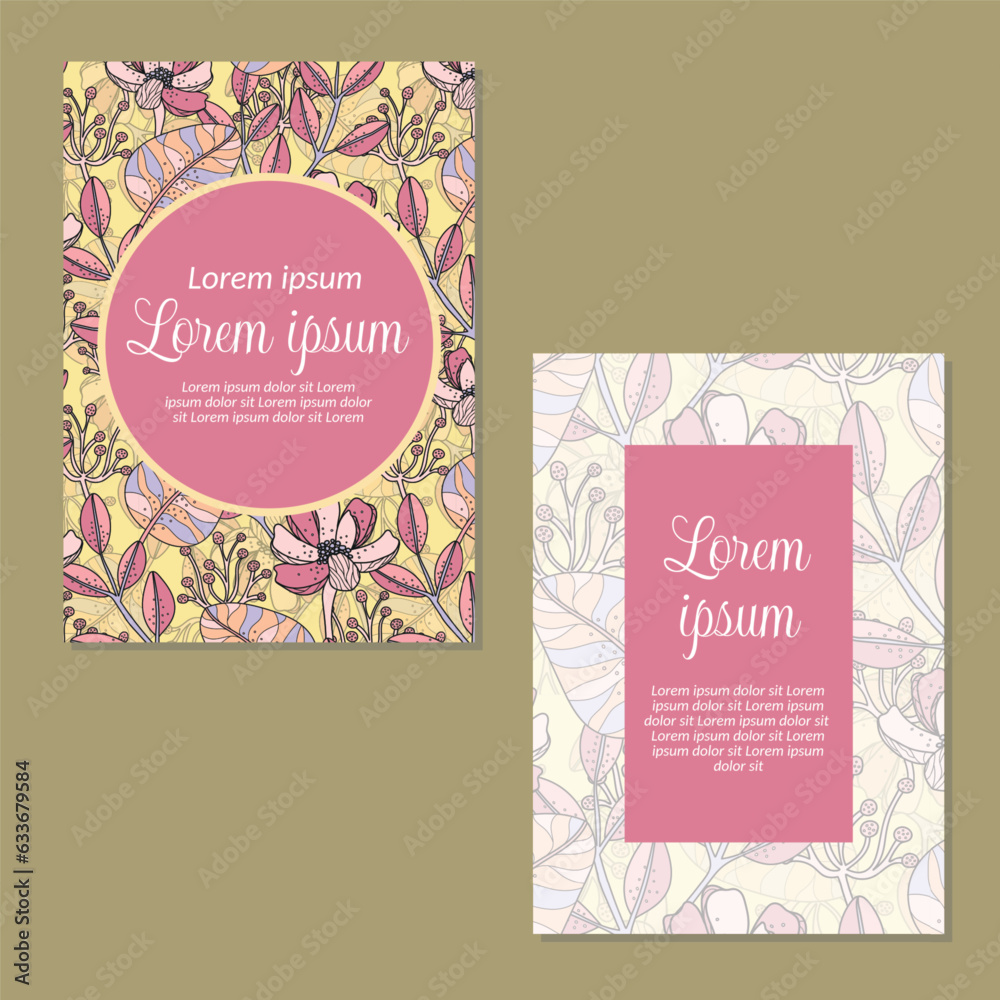 Wedding invitation card template. flowers and leaves seamless pattern background save the date, invitation, greeting card, vector illustration.