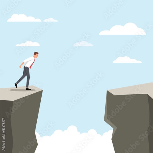 Confused businessman stand in front of cliff make risky business decision or choice. Frustrated man employee consider dangerous work plan, feel trouble and scared. Dilemma.
