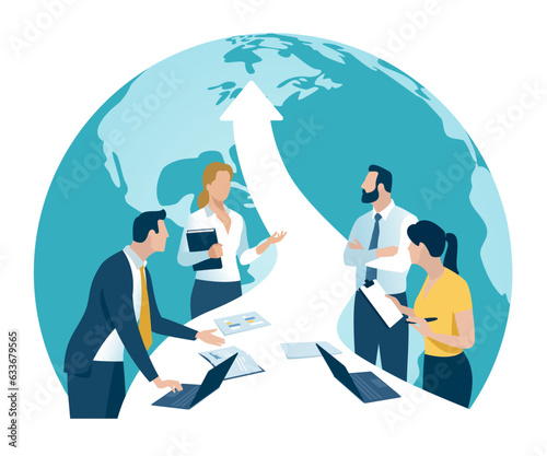 Global trade, investing. The business team stands at a table in the shape of an rising arrow pointing to a globe. Business vector illustration.
