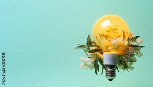 Energy saving concept. Light bulb with green leaves and flowers. Collage with copy space. Wide horisontal banner. AI generated design, postproduction. 