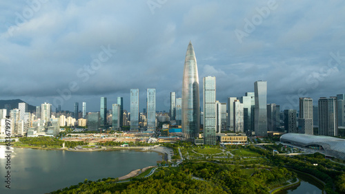 Photography Shenzhen ,China - June 02 2022:  Aerial view of construction site and landscape