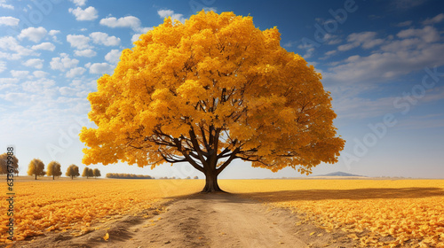 Majestic Walnut Tree: A towering walnut tree in the midst of a golden autumn landscape, its lush green leaves turning vibrant shades of yellow and orange 