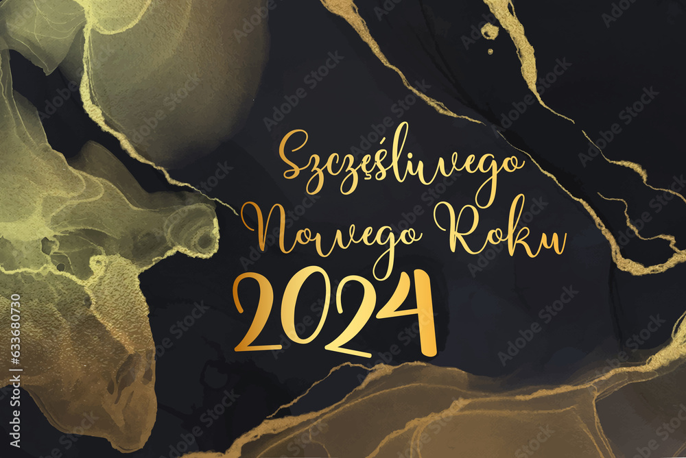 karta lub baner, aby życzyć szczęśliwego nowego roku 2024 w kolorze złotym na czarnym tle ze złotymi gałęziami - obrazy, fototapety, plakaty 