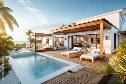 Luxury beach house with a pool and wooden terrace. White background in vacation home.