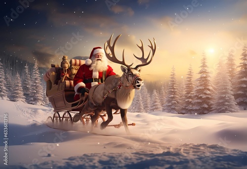 Weihnachtsmann auf Rentierschlitten in winterlicher Landschaft erstellt mit generativer KI © rawku5