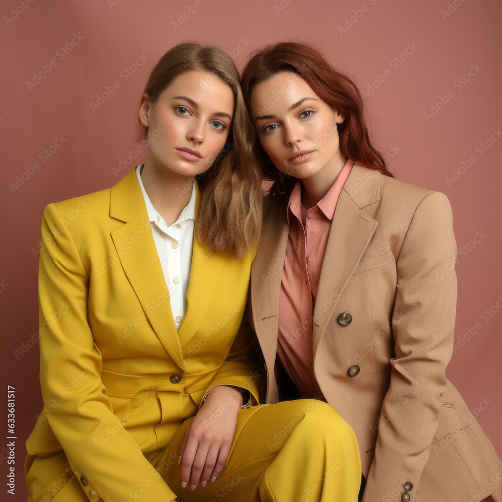 Back-to-Back Besties studio photo on yellow backgrounds and pastel coloured suits.