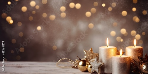 Christmas background with holiday decoration, stars and candles.