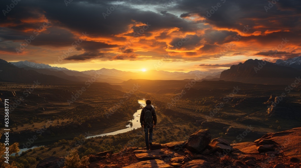 Capture the essence of wanderlust with a wide-angle lens, showcasing a solo traveler standing on the edge of a cliff overlooking a breathtaking landscape at sunset. 