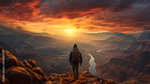 Capture the essence of wanderlust with a wide-angle lens, showcasing a solo traveler standing on the edge of a cliff overlooking a breathtaking landscape at sunset. 