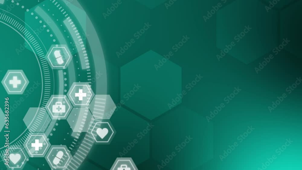 Hexagonal icons with medical symbols. Green animated abstract