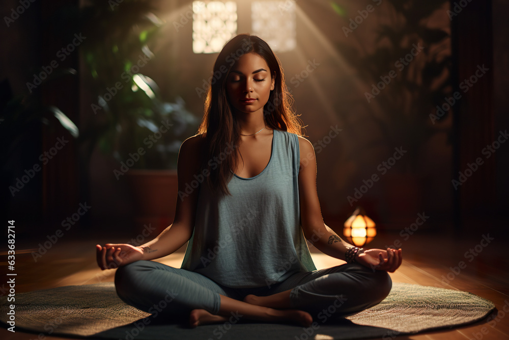 Healthy serene young woman meditating at home with eyes closed, relaxing body and mind sitting on the floor in the living room Healthy serene young woman meditating at home with eyes closed, relaxing body and mind sitting on the floor in the living room