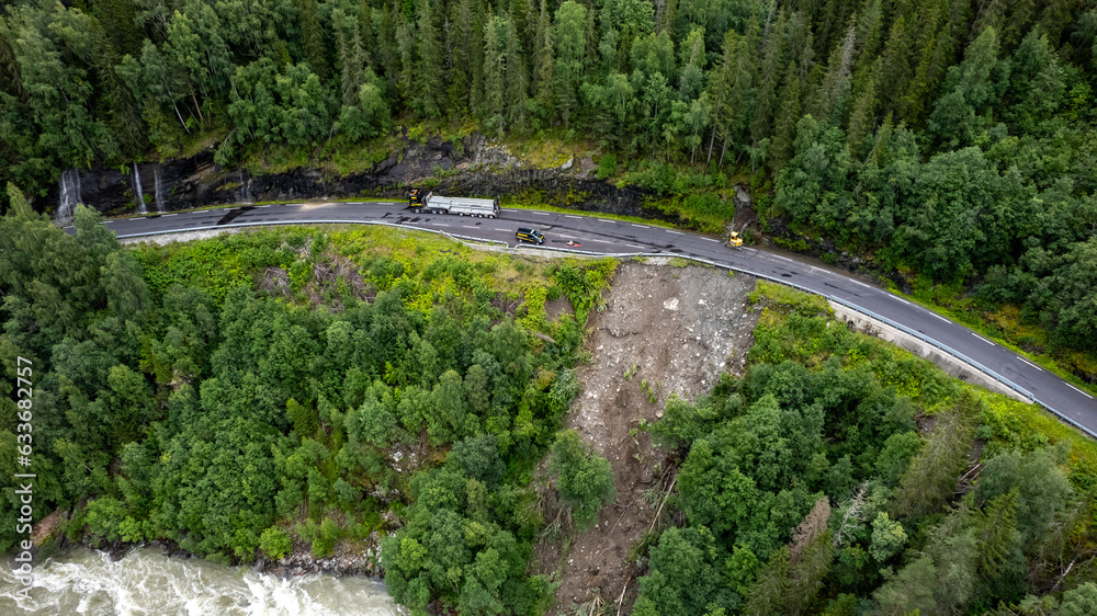 Massive landslide after heavy rain blocking road in central Norway