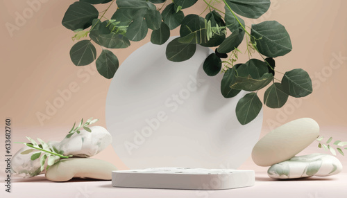 Premium podium made of paper on background with plant, leaves,pebbles and natural stones.Mock up for the exhibitions,presentation of products, relaxation and health -3d render vector, illustration. 