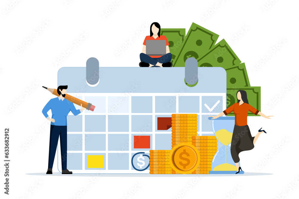Payment date concept, financial calendar, financial stability, payment day, success. People standing near calendar with due date. Vector illustration in flat design on white background. Payment date concept, financial calendar, financial stability, payment day, success. People standing near calendar with due date. Vector illustration in flat design on white background.