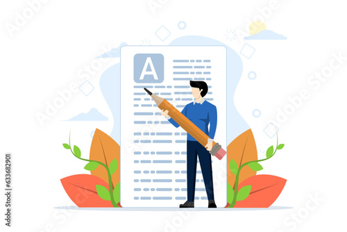 Concept of copywriting, journalism, writing, copyright idea. Successful people with pencil writing or text editing. Vector illustration in flat design on white background.