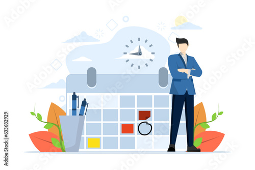 Time management concept, planning project, businessman standing beside calendar and pen box, successfully completing work assignments, organizing schedule. flat vector illustration on background.