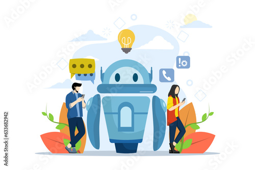 Virtual assistant concept, business development, sales boost, communication assistance service, customer service robot. Men and women use chat bot services. Vector illustration in flat design.
