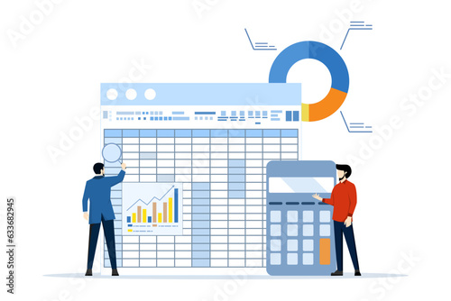 accounting and finance auditing concept, calculating budget, profit and loss, generating report graph from data, professional, business person accountant with calculator, spreadsheet creation report.