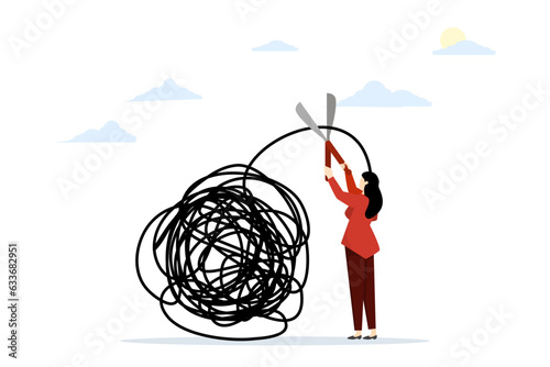 concept of removing stress from busy work or toxic work environment, changing behavior for better mental health, work life balance. Businessman cutting messy tangled lines stuck to his head.
