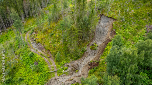landslide destroyed a nice green meadow in Heidal valley central Norway photo