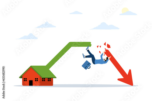 speculative concept of real estate investment failure, soaring demand for real estate, economic crisis that causes investors to be in debt or bankrupt. Businessman falling on falling chart arrow.