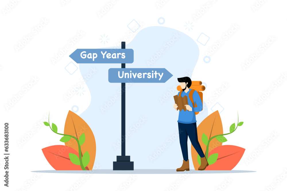 concept of learning life and looking for motivation to achieve goals, Gap year. High school graduates carry backpacks and meet road signs of life's choices to decide which path to take. concept of learning life and looking for motivation to achieve goals, Gap year. High school graduates carry backpacks and meet road signs of life's choices to decide which path to take.