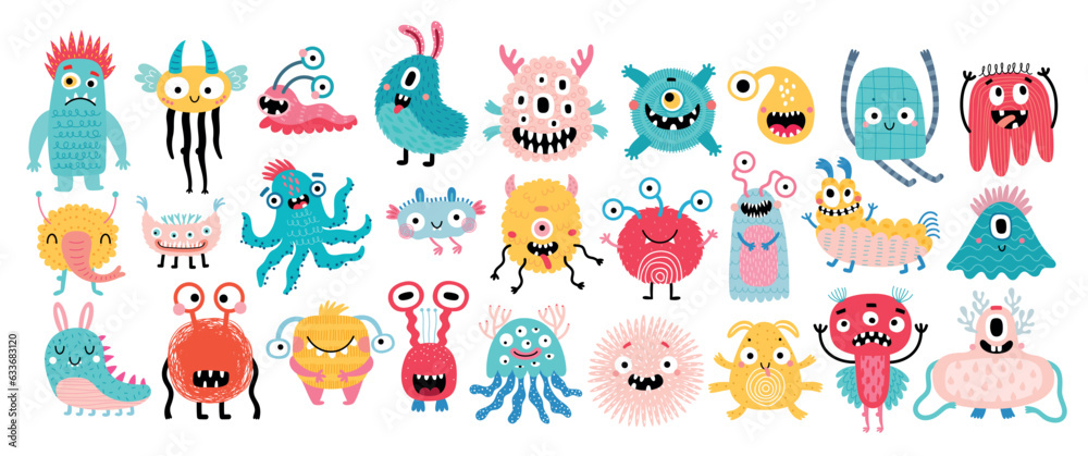 Fototapeta premium Cute Monster set for your design, childish hand drawn collection. Nursery