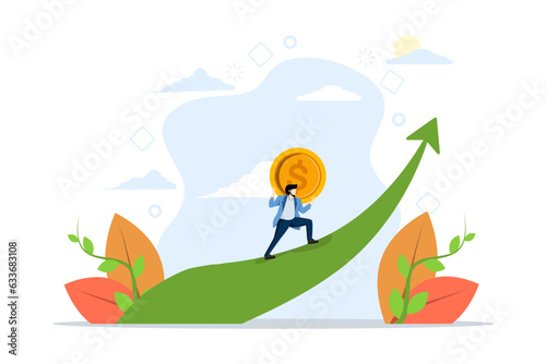 the concept of increase in sales, investment growth or increase in income and profit, increase in salary or income, financial prosperity, strong businessman investors carry gold coins up graph rising.