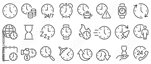 Set of 24 outline web icons related to Time. Time Speed, Hold, 24h Available and more. Editable Stroke. Vector illustration.