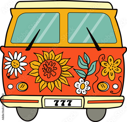 Hippie vintage bus with flowers. Groovy retro hippie travel car. Vector illustration