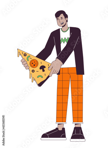 Happy man holding pizza slice flat line color vector character. Editable outline full body person on white. Online food ordering simple cartoon spot illustration for web graphic design