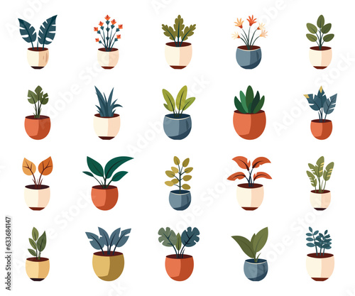 Plant vector illustration flat icon set on white background. Contains like trendy home decor with plant, urban jungle, houseplant, flowerpot, green garden floral and tropical leaves on pot.