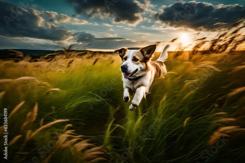 An expressionistic portrayal of a playful dog running through a field of tall grass under a vibrant, swirling sky