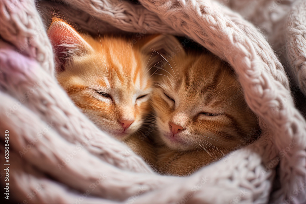Close-up of kittens snuggled together in blanket fort, showing the heartwarming bond between them