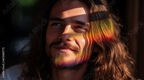 Rainbow light on the male face. Pride concept. Generative AI