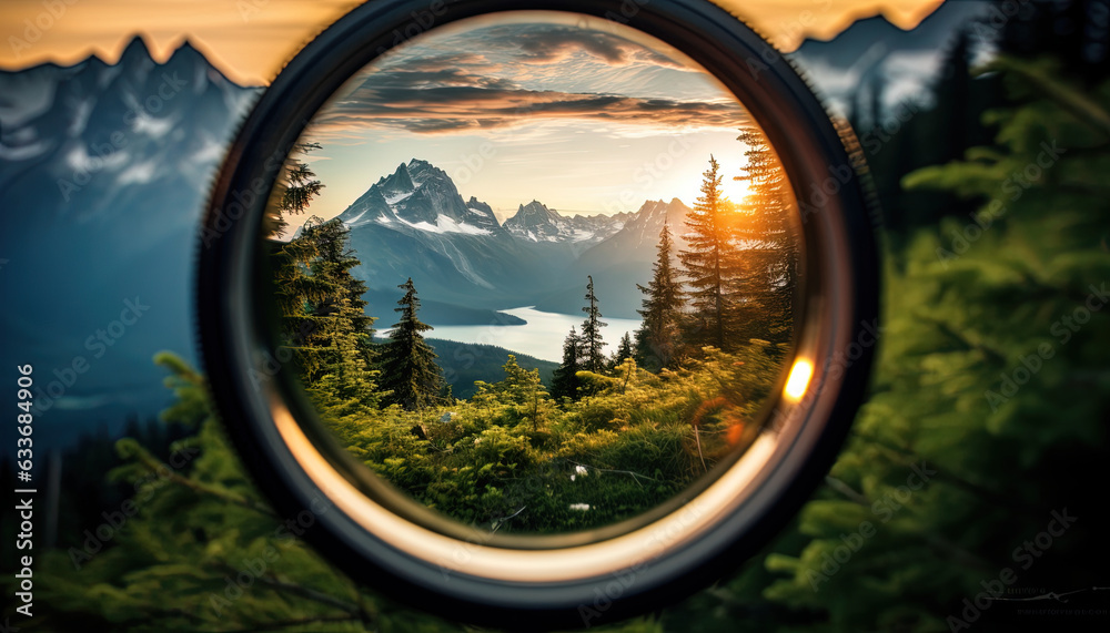 A camera lens becomes a portal, allowing viewers to glimpse landscapes and picturesque scene A camera lens becomes a portal, allowing viewers to glimpse landscapes and picturesque scene