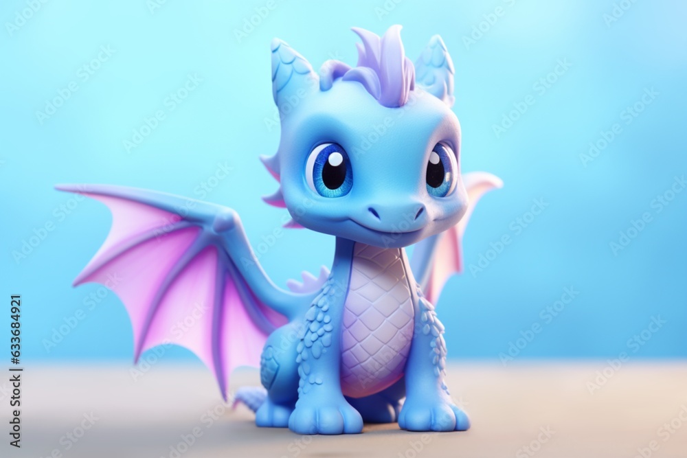 Cute 3d minimalistic cartoon blue dragon. AI generated