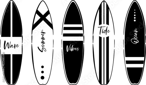 Set of modern retro black and white surf boards