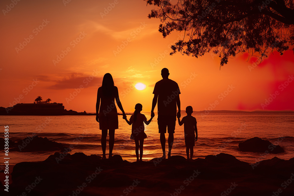 a silhouette photo of a lovely family on the beach. parents and their kids looking at the seawater on an island from the back view. hot summer weather vacation. sunset in evening