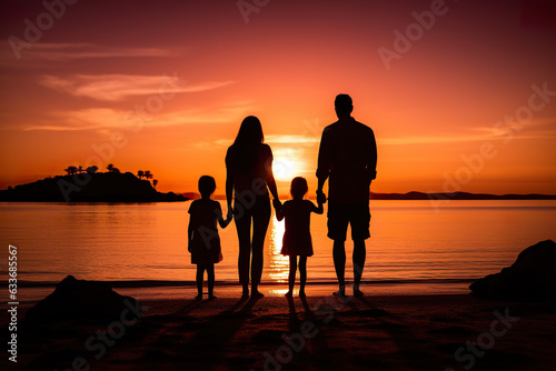 a silhouette photo of a lovely family on the beach. parents and their kids looking at the seawater on an island from the back view. hot summer weather vacation. sunset in evening © JetHuynh