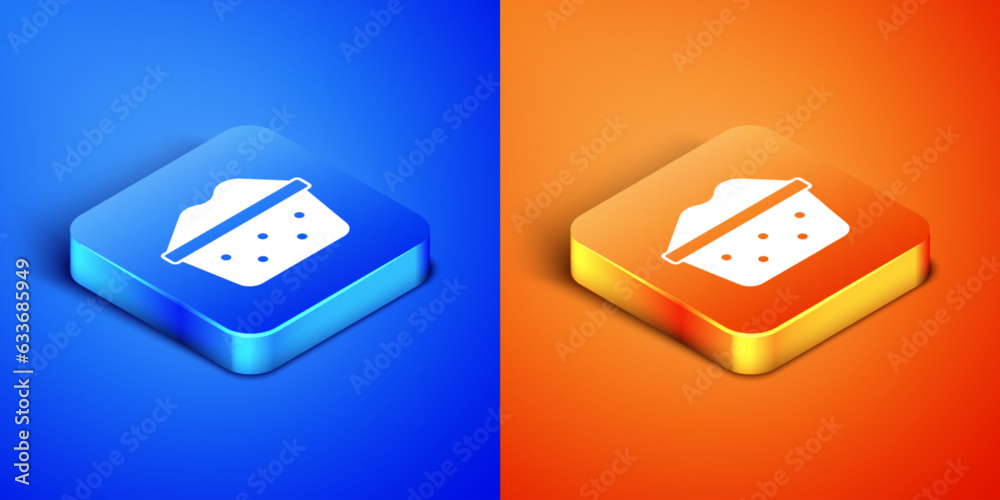 Isometric Plastic basin with soap suds icon isolated on blue and orange background. Bowl with water. Washing clothes, cleaning equipment. Square button. Vector