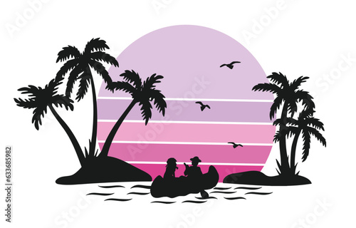 Silhouettes of palm trees and pink sunand a couple in love in a boat  vector. photo