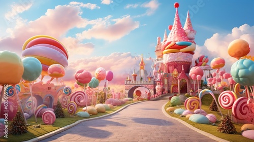  a cartoon scene of a castle with a lot of candy land. generative ai